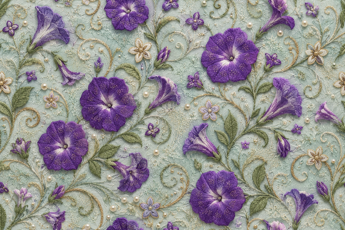 Amethyst Vine Elegance — amethyst trumpet-shaped flowers and green leaves wind through delicate ornamental curls on pale mint.