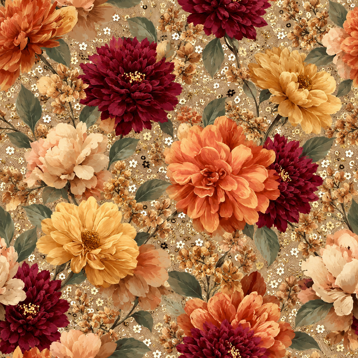 Autumn Dahlia Splendour — burgundy, burnt-orange, amber and cream dahlias gather among sage leaves and tiny ivory flowers on a softly mottled golden ground.