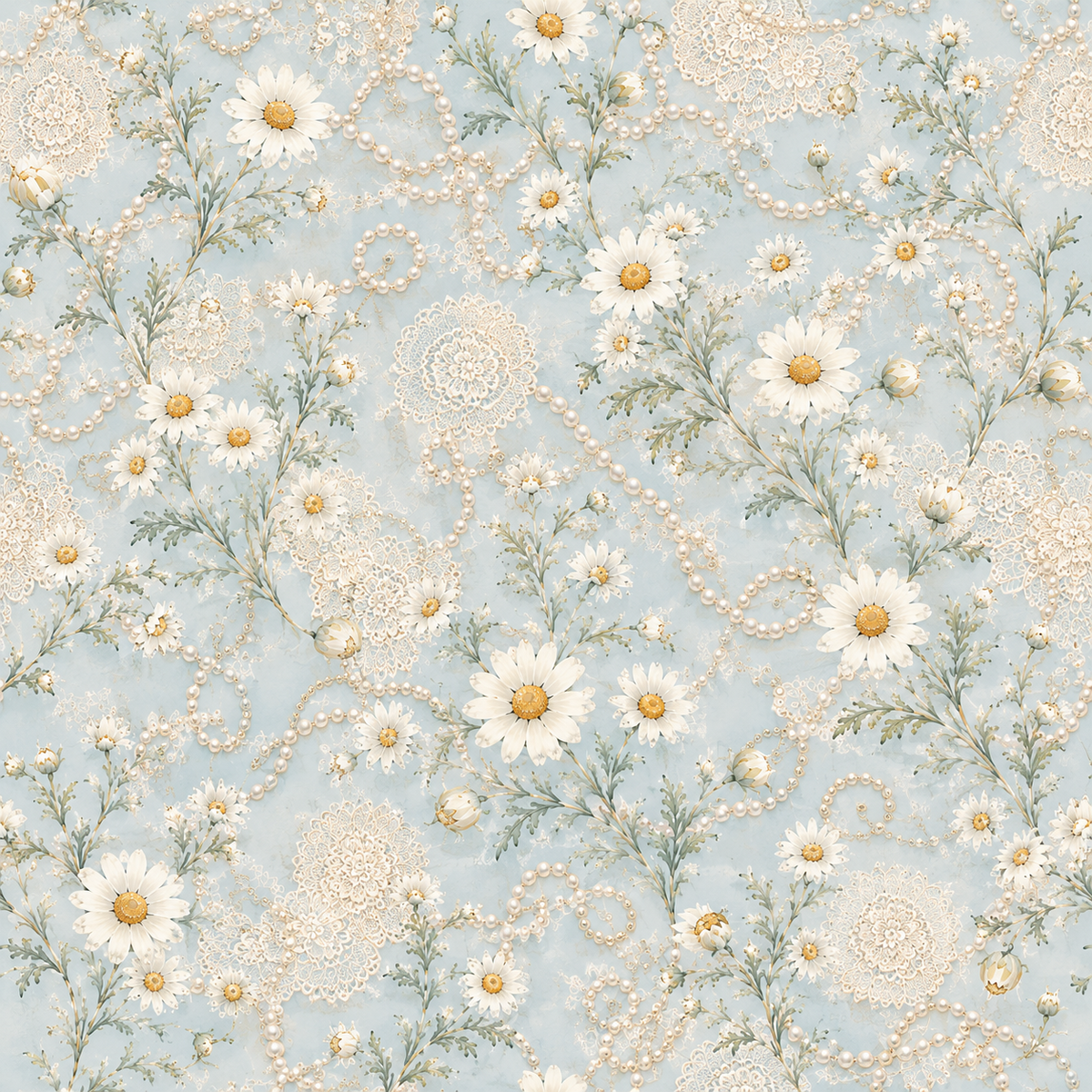 Azure Daisy Pearls — white daisies and fine botanical sprigs intertwine with printed pearl garlands and ornamental motifs over a powder-blue ground.