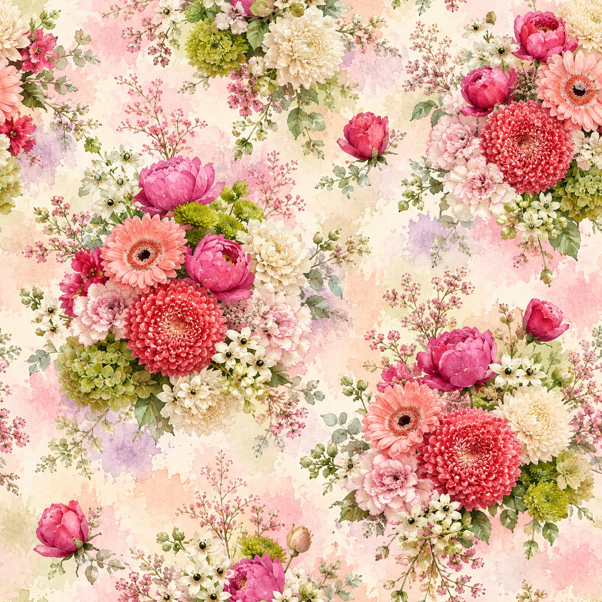 Blush Bouquet Splendour — lush bouquets of pink and coral blooms gather with ivory flowers and fresh foliage on a softly mottled blush background.