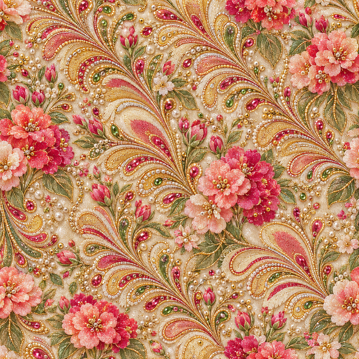 Blush Paisley Regalia — pink floral clusters nestle among sweeping paisley plumes and fine green and gold-toned ornament on a warm champagne ground.