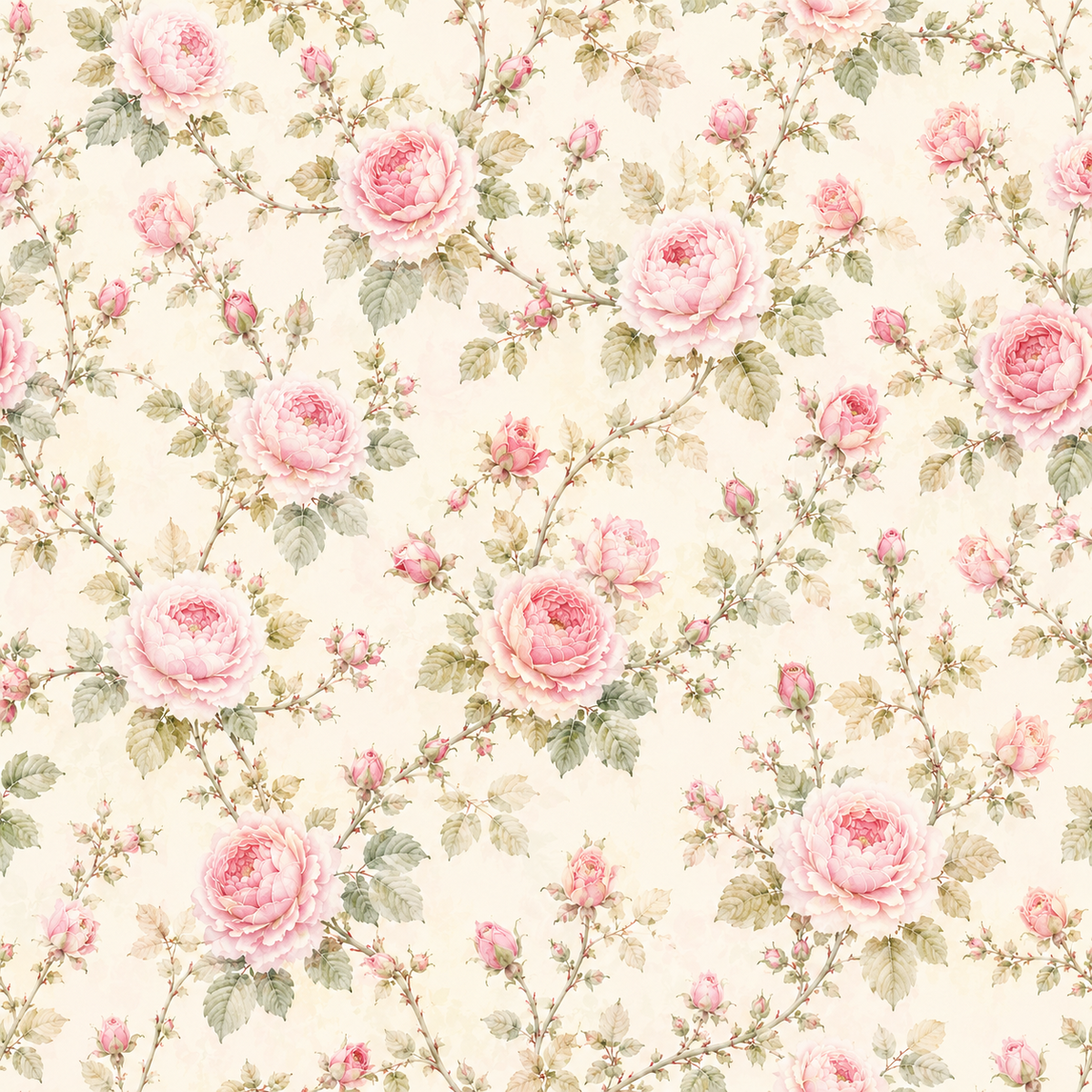 Blush Rose Whisper — powder-pink roses and tiny rosebuds trail across a warm ivory ground with softly shaded olive and sage leaves.