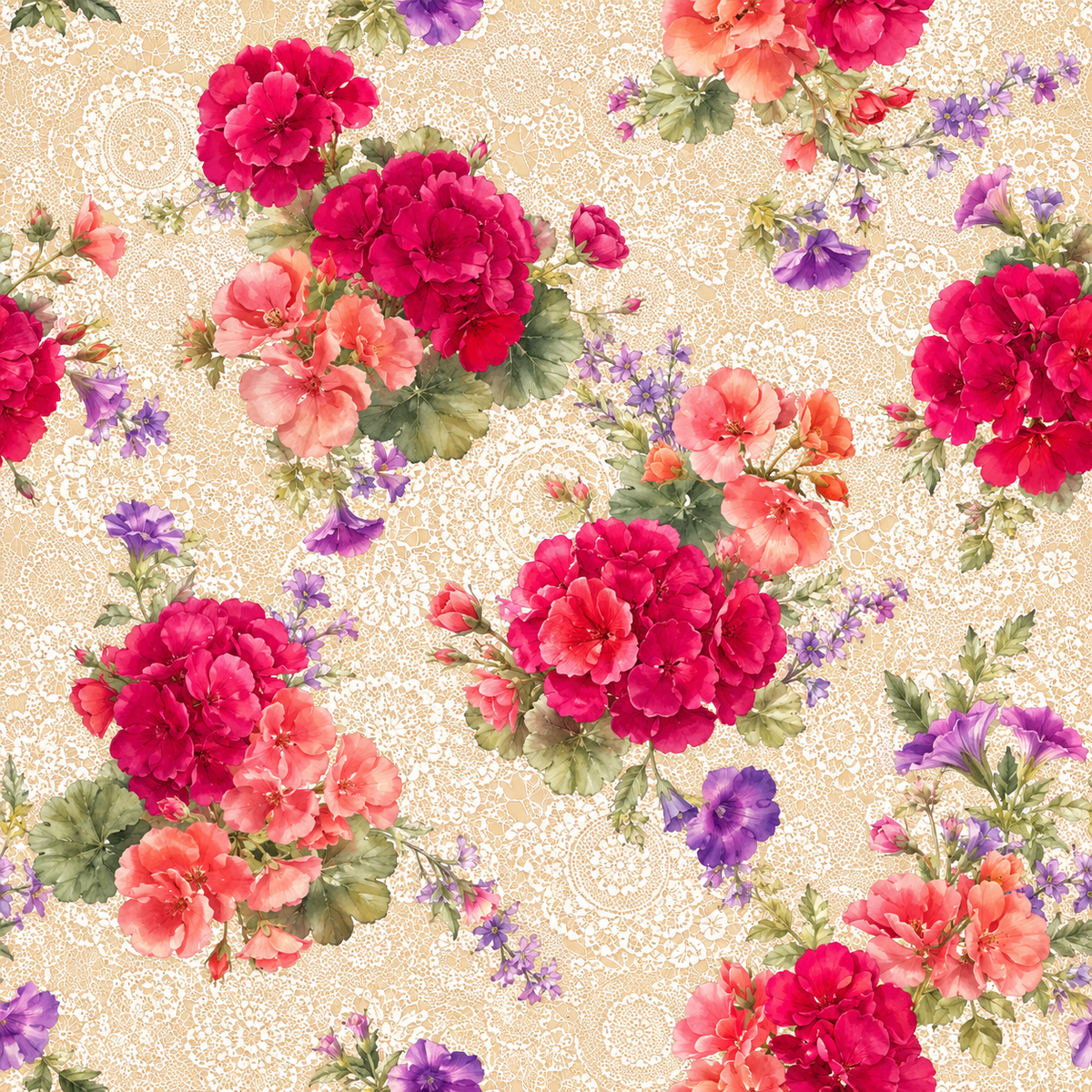 Crimson Peony Splendour — lush crimson and coral peonies bloom among violet flowers and green foliage on an ornate cream background.