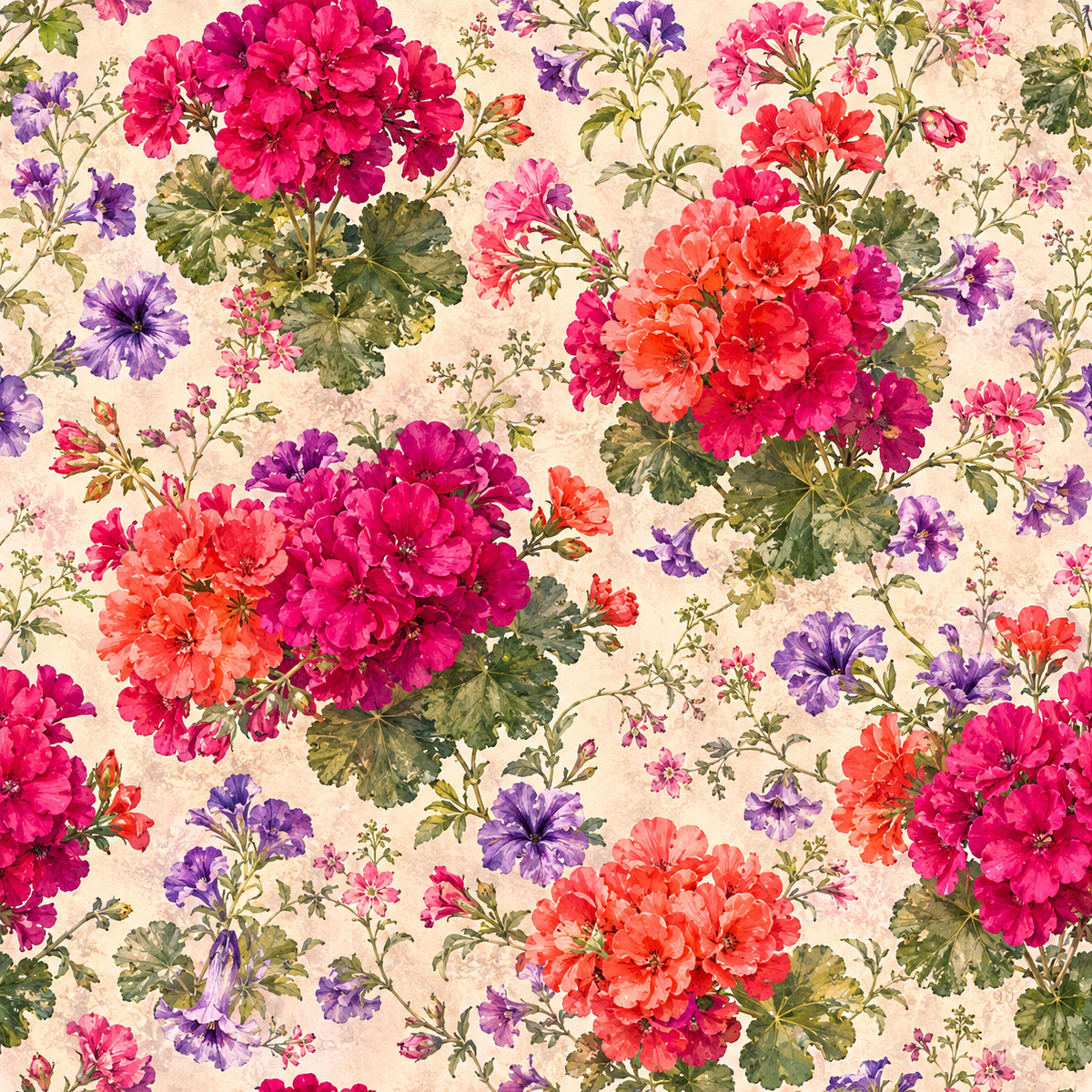 Fuchsia Bouquet Rhapsody — vibrant fuchsia and coral flower clusters mingle with violet accents and rich green foliage on warm ivory.