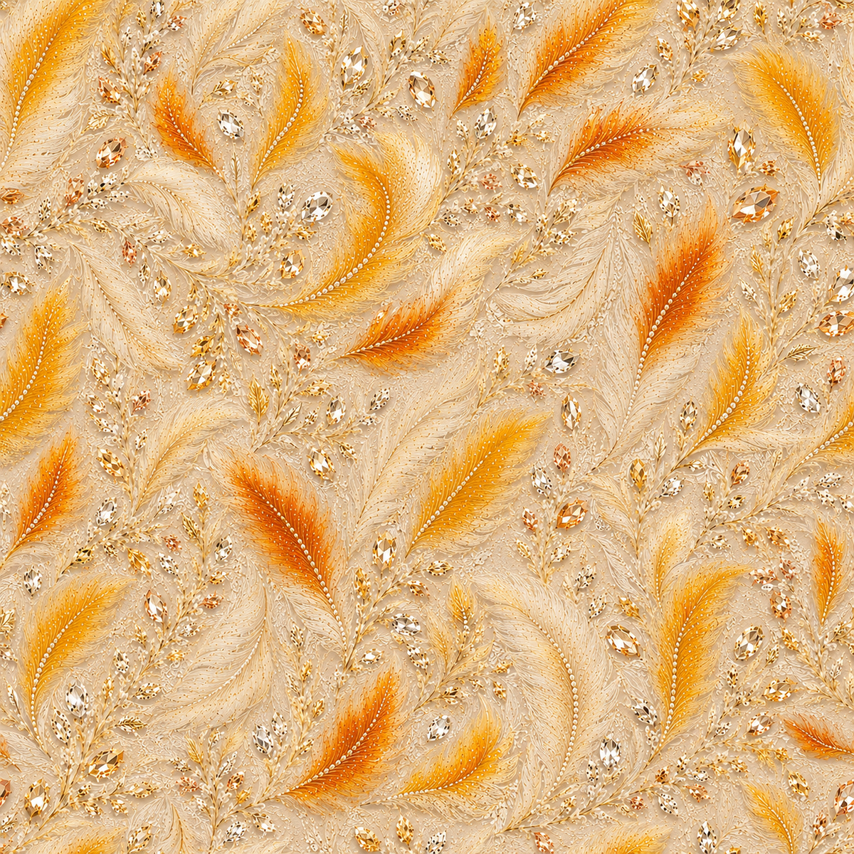 Golden Feather Reverie — amber, golden-yellow and ivory feathers drift across pale champagne with intricate ornamental accents.