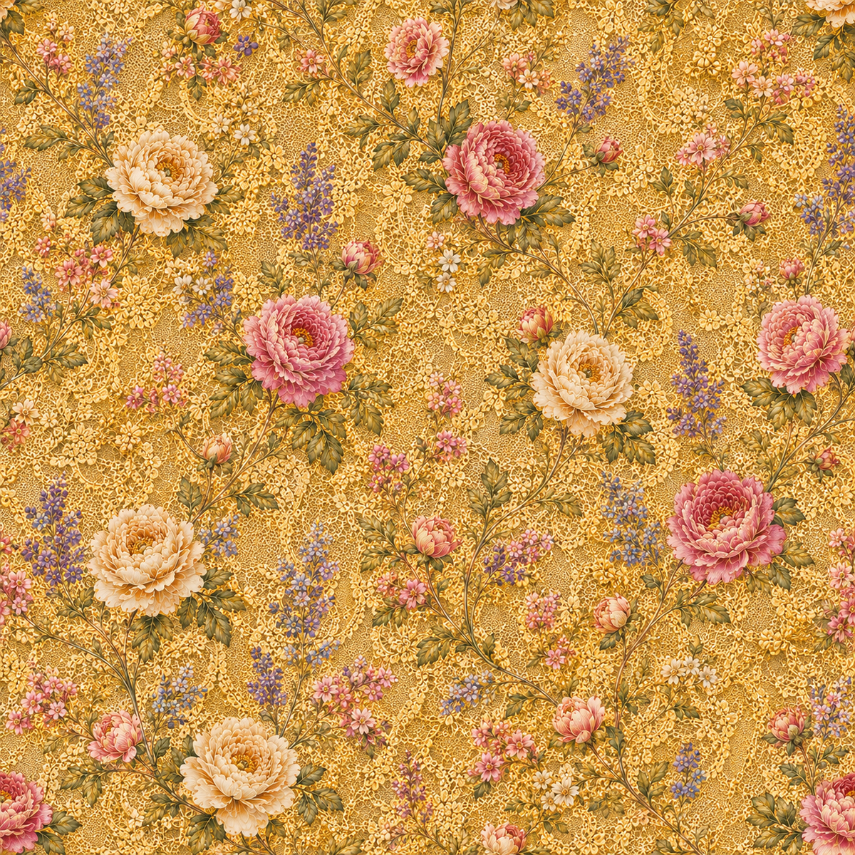 Golden Rose Filigree — petite pink and cream roses scatter among lavender sprigs and green leaves over warm golden filigree.