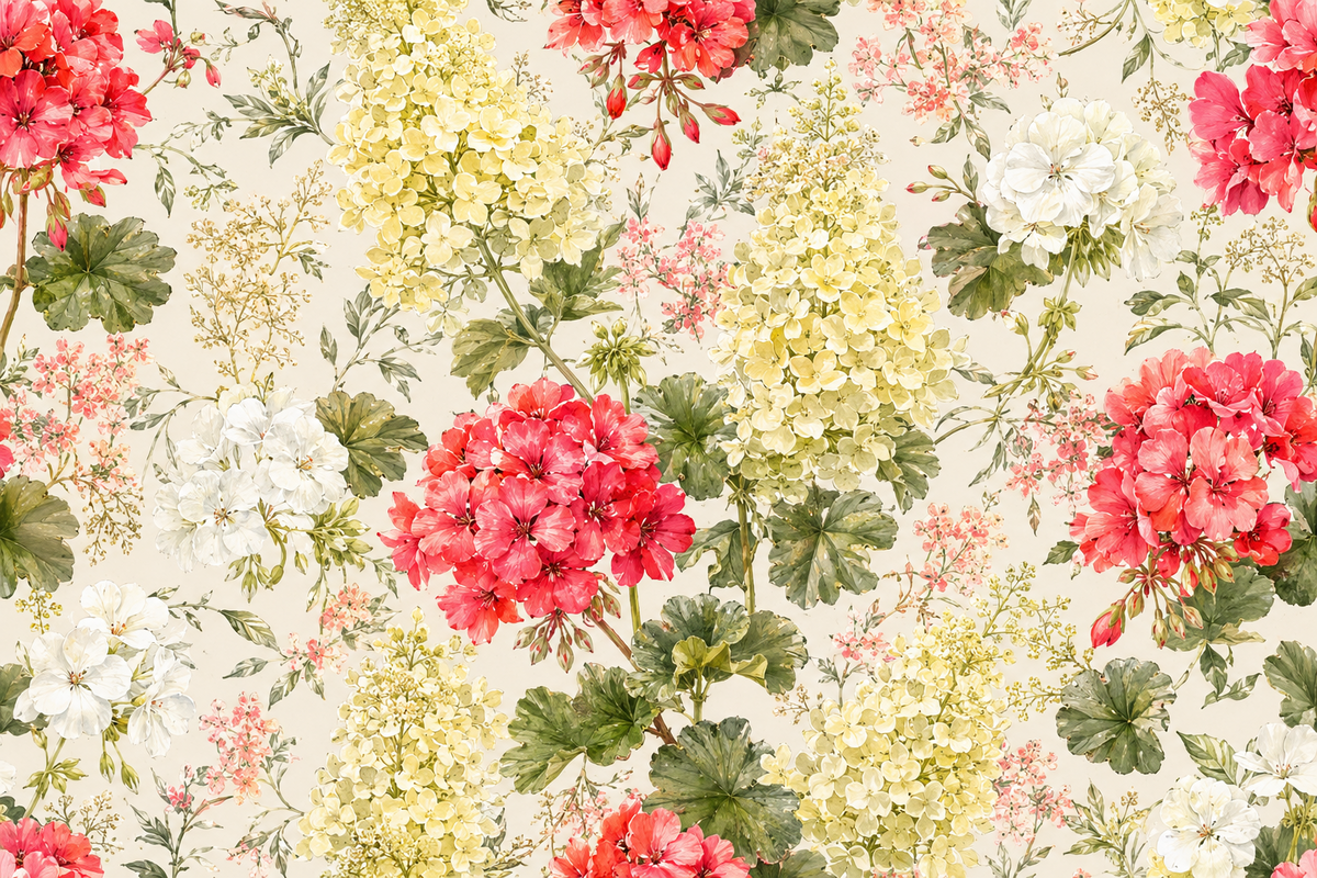 Ivory Coral Hydrangea — soft ivory and pale yellow floral clusters contrast with coral-red blooms and delicate green stems.
