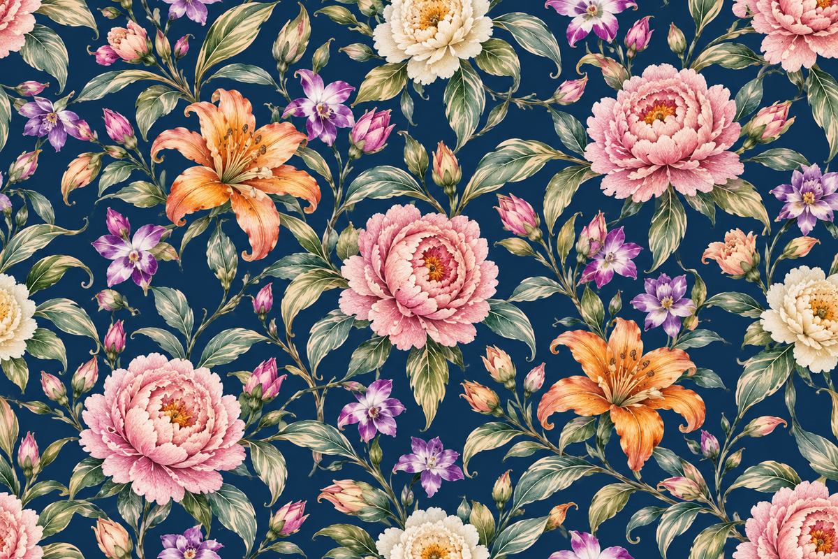Midnight Rose Sonata — pink roses, ivory blooms and amber flowers flourish among green leaves against deep midnight blue.