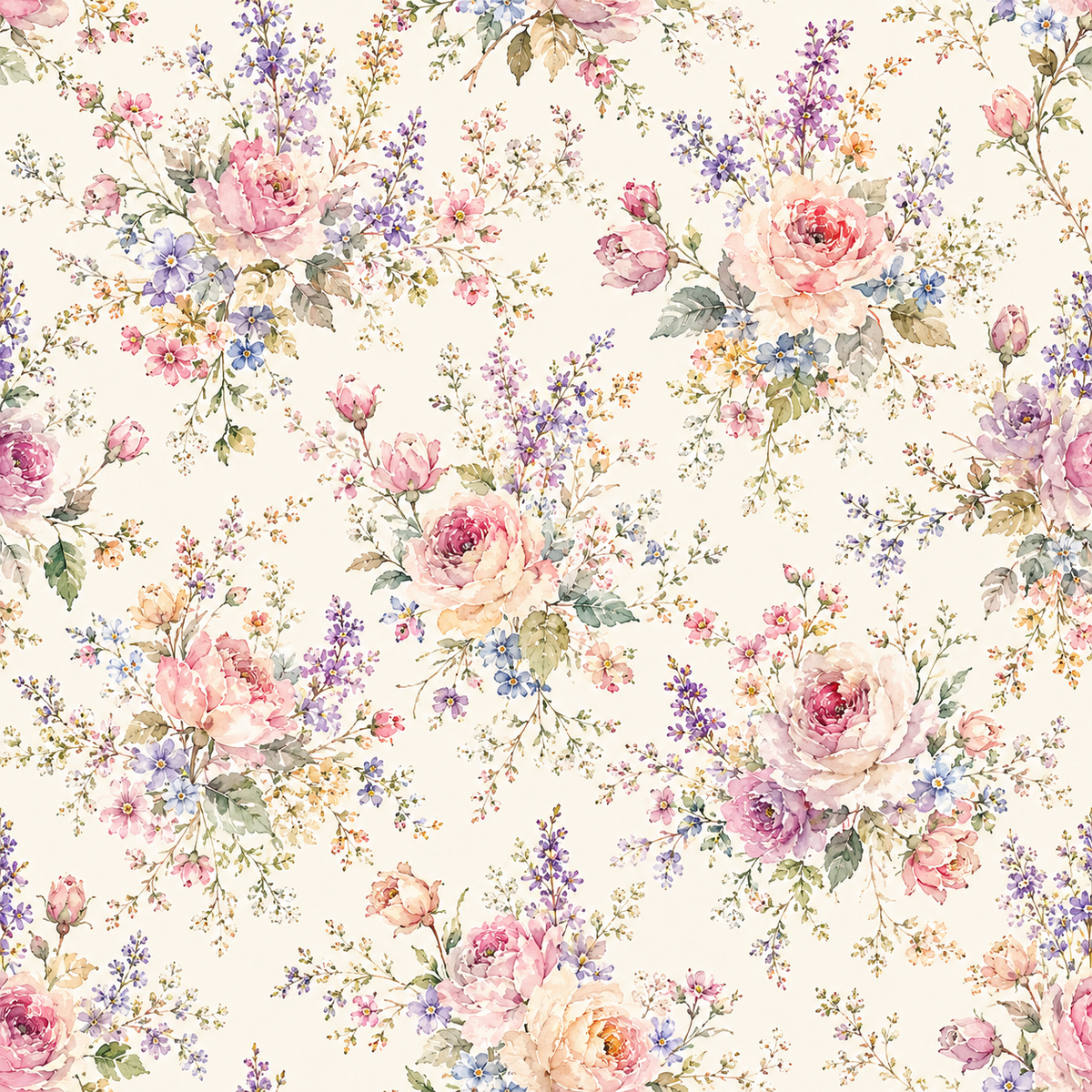 Pastel Rose Serenade — pastel roses intertwine with lavender sprigs, sage leaves and soft peach blossoms on ivory.