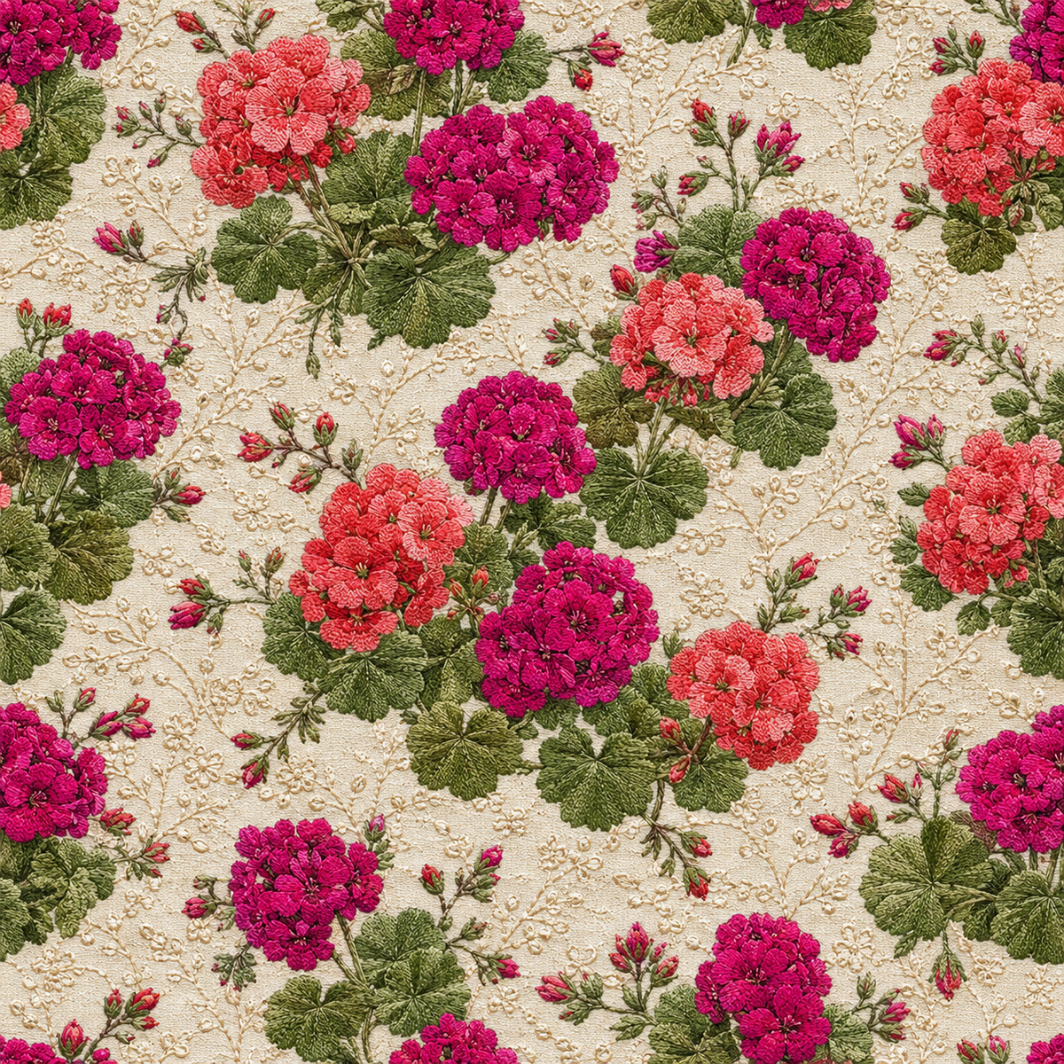 Ruby Geranium Tapestry — magenta and coral flower clusters bloom among deep green leaves over an intricate cream-and-gold lace-inspired ground.