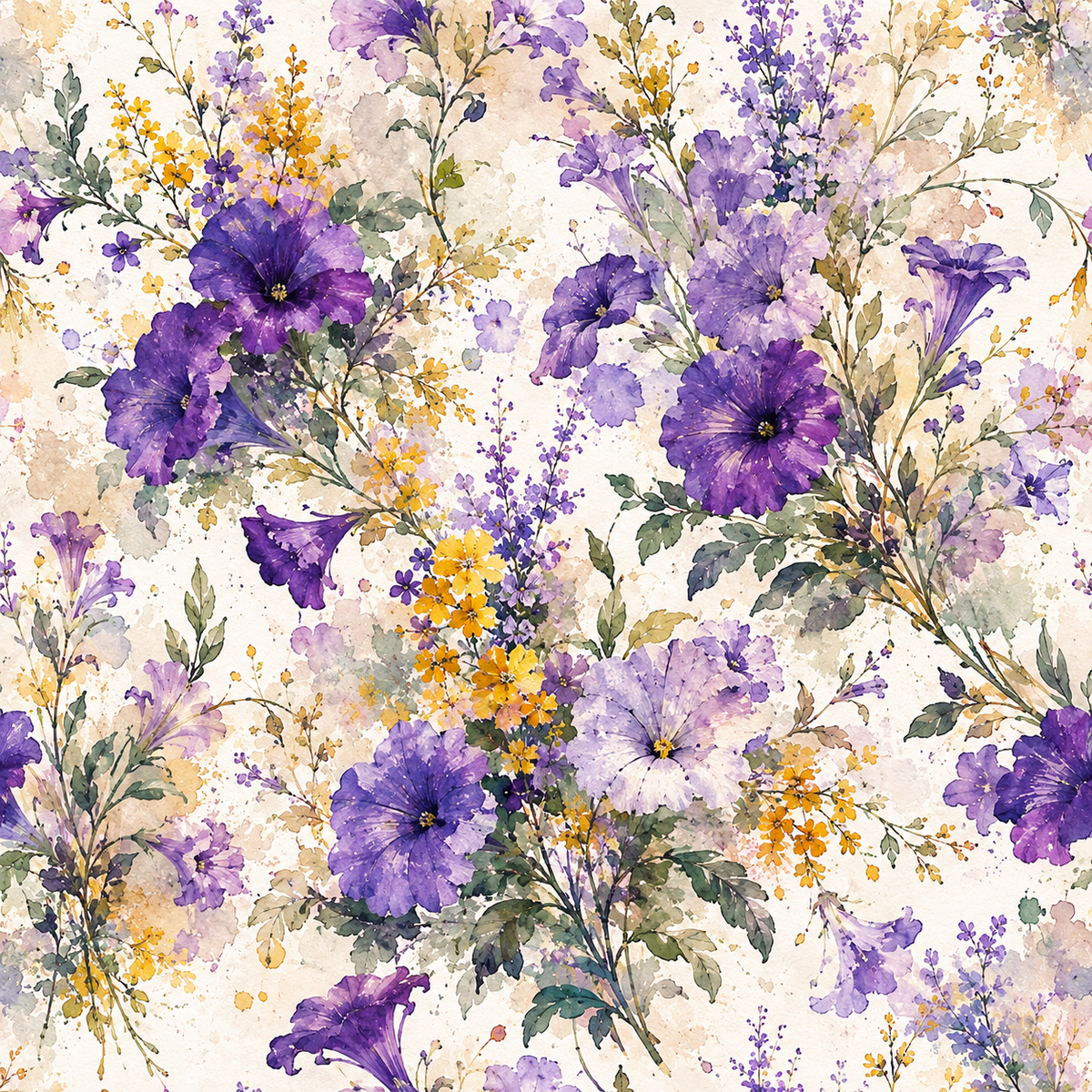 Violet Blossom Symphony — vivid violet and blue-purple blossoms meet pale yellow floral sprays and green foliage on light ivory.