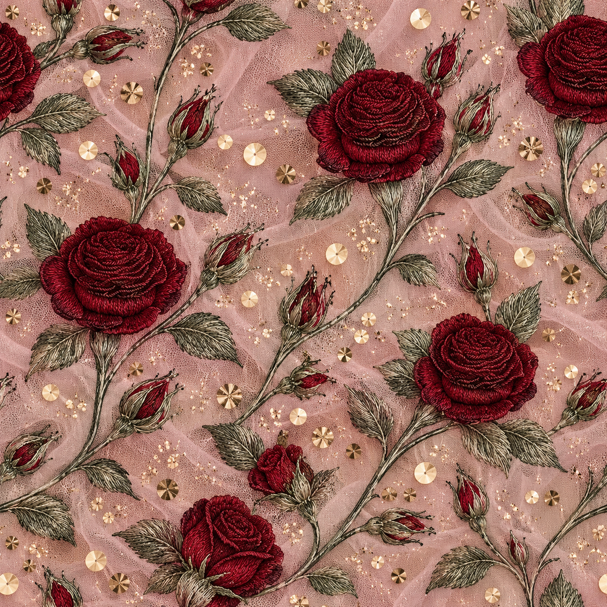 Crimson Rose Opulence | Luxury Red & Gold Floral Fabric