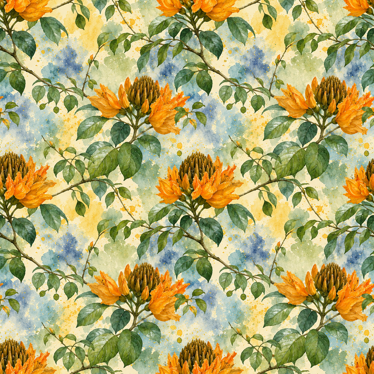 Amber Blossom Poise — warm amber-orange blossoms rise among deep green leaves against soft ivory and powder-blue watercolor washes.
