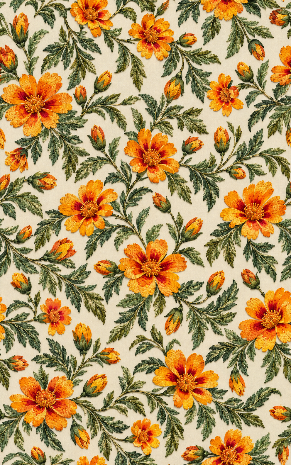 Amber Blossom Scroll — amber and orange blossoms unfold among green foliage and fine botanical scrolls on ivory.