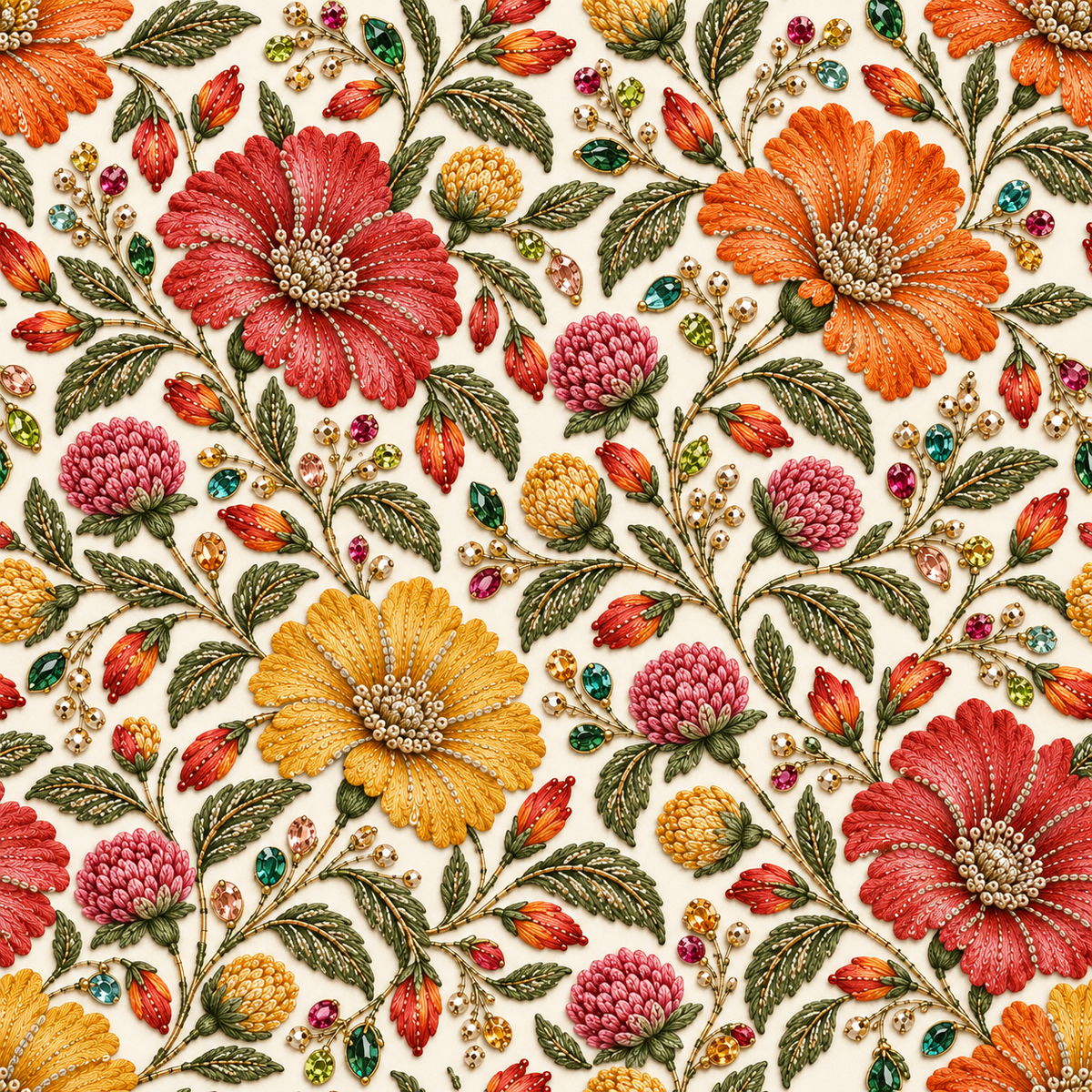 Amber Daisy Tapestry — coral-red, orange and golden-yellow flowers mingle with green leaves and berry-like clusters on a warm ivory ground.