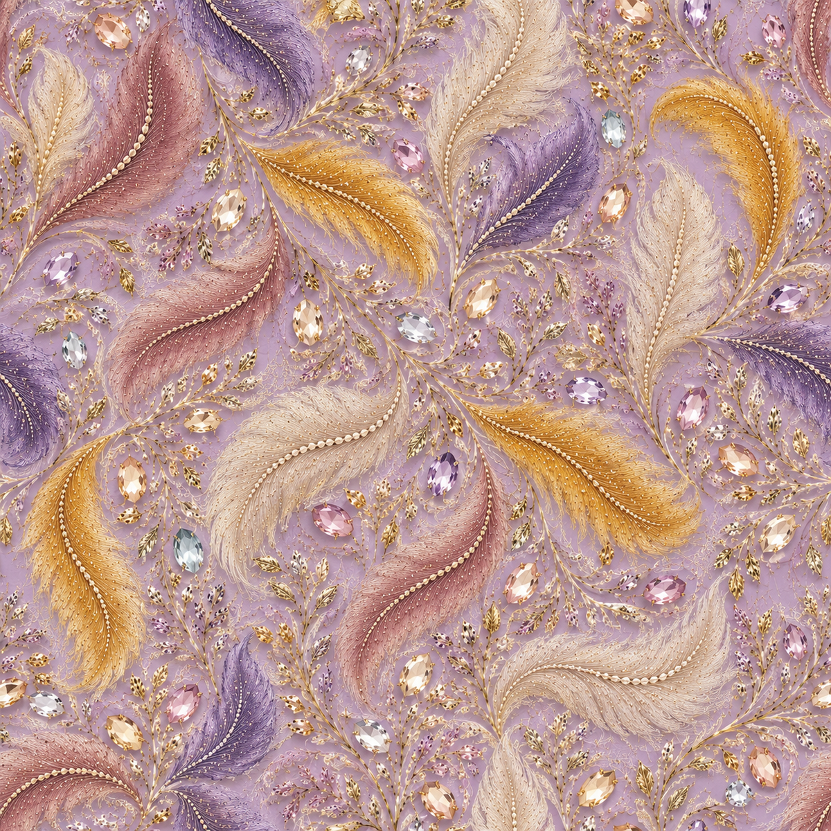 Amethyst Feather Opulence — lavender, ivory and golden feather motifs sweep across a mauve ground with pearl-inspired dotted ornament.