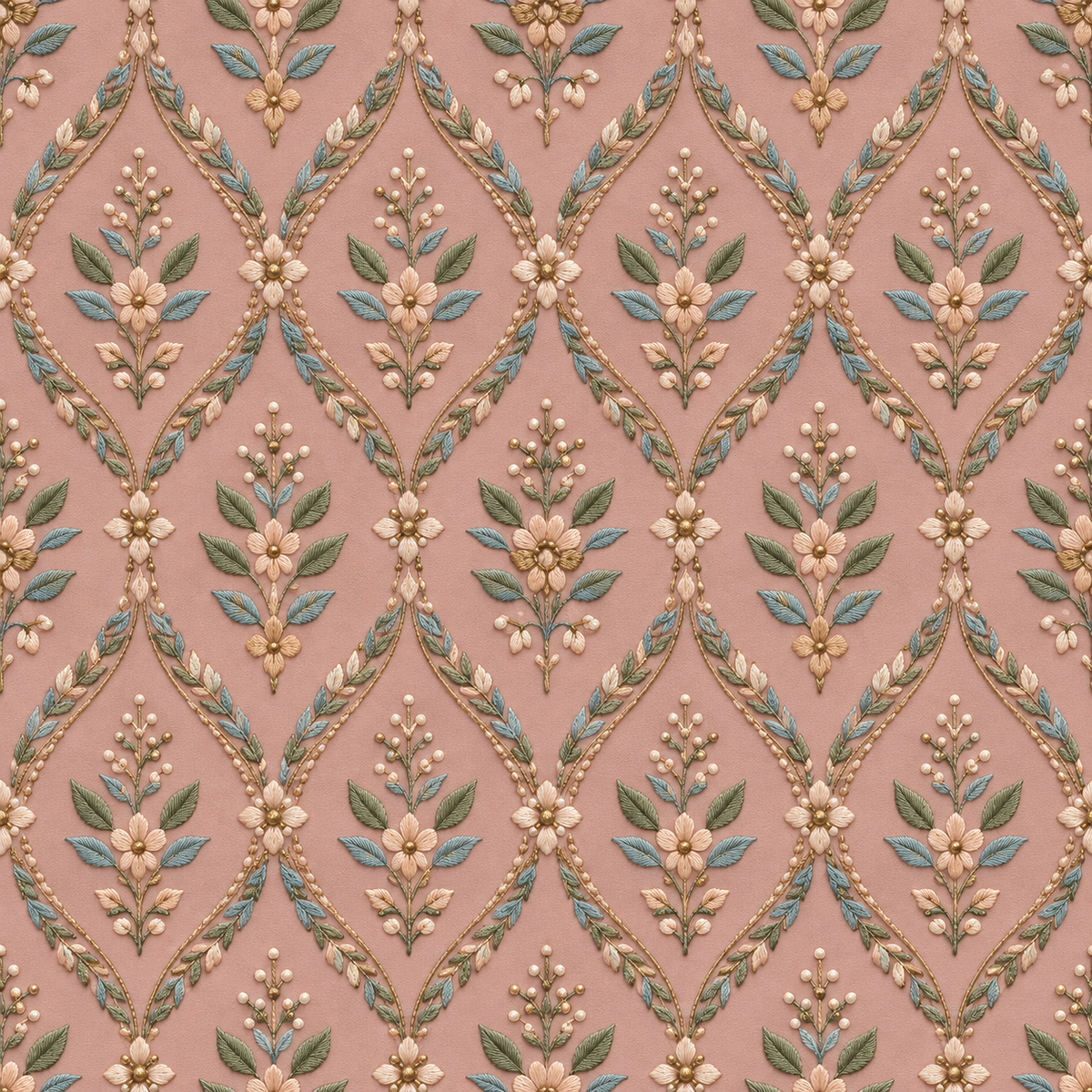 Blush Cameo Filigree — delicate floral cameos nestle within repeating ornamental frames against a dusty blush ground.