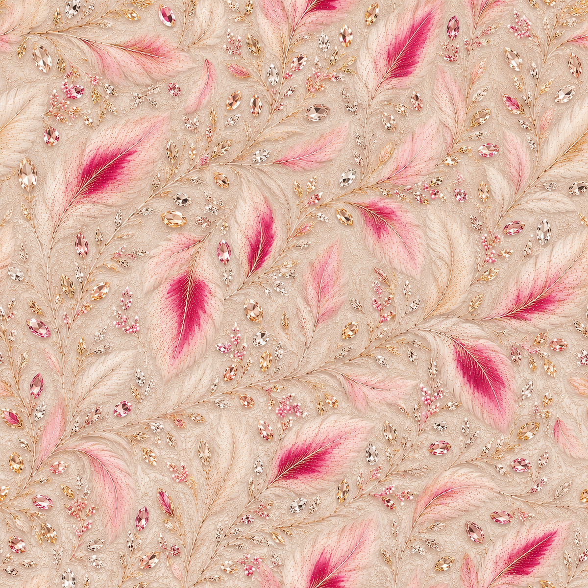 Blush Feather Radiance — pink, fuchsia and ivory feathers sweep across a pale champagne ground with fine golden wisps and jewel-inspired accents.