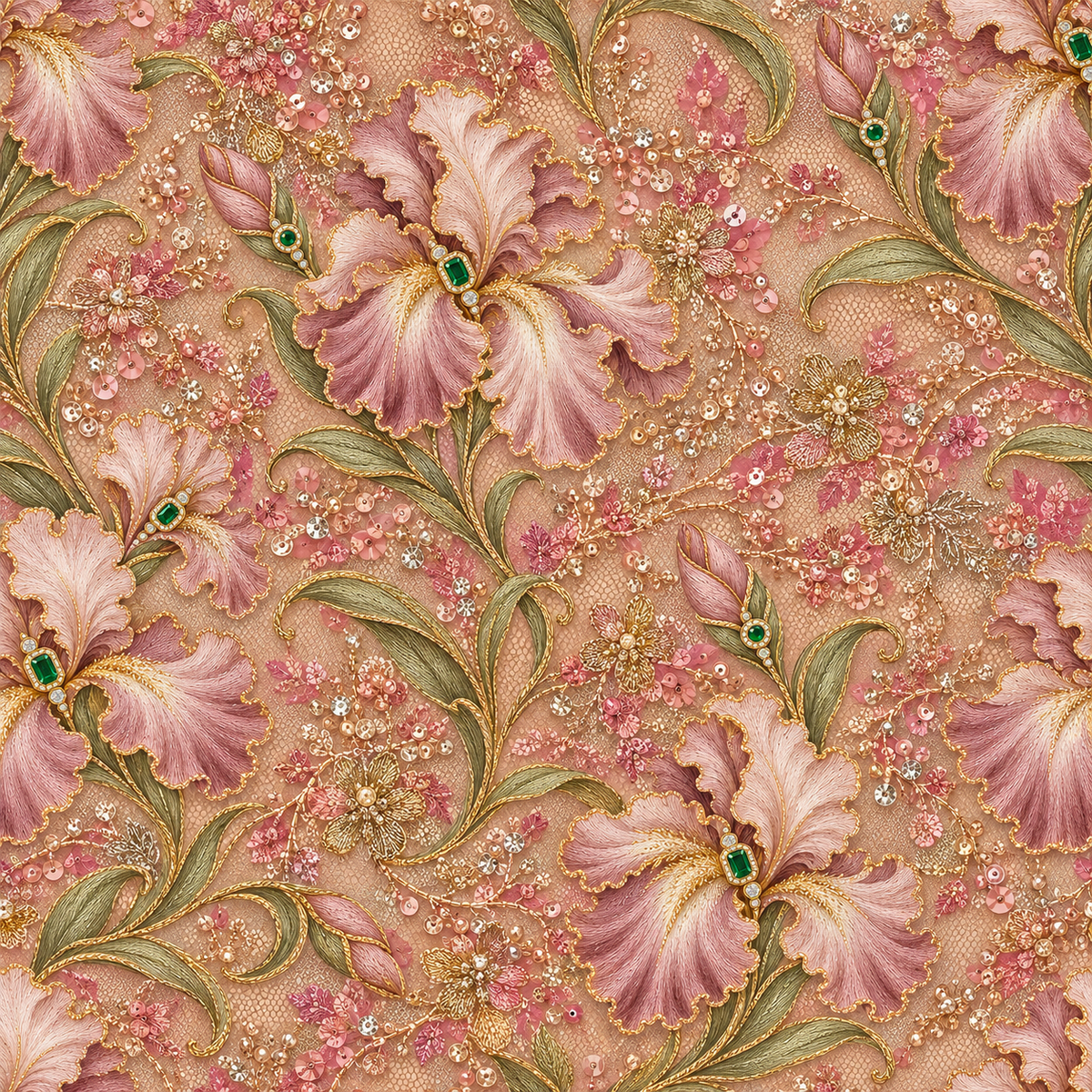 Blush Iris Arabesque — soft pink and mauve irises rise among slender green leaves and delicate gold-toned ornament on a dusty blush ground.