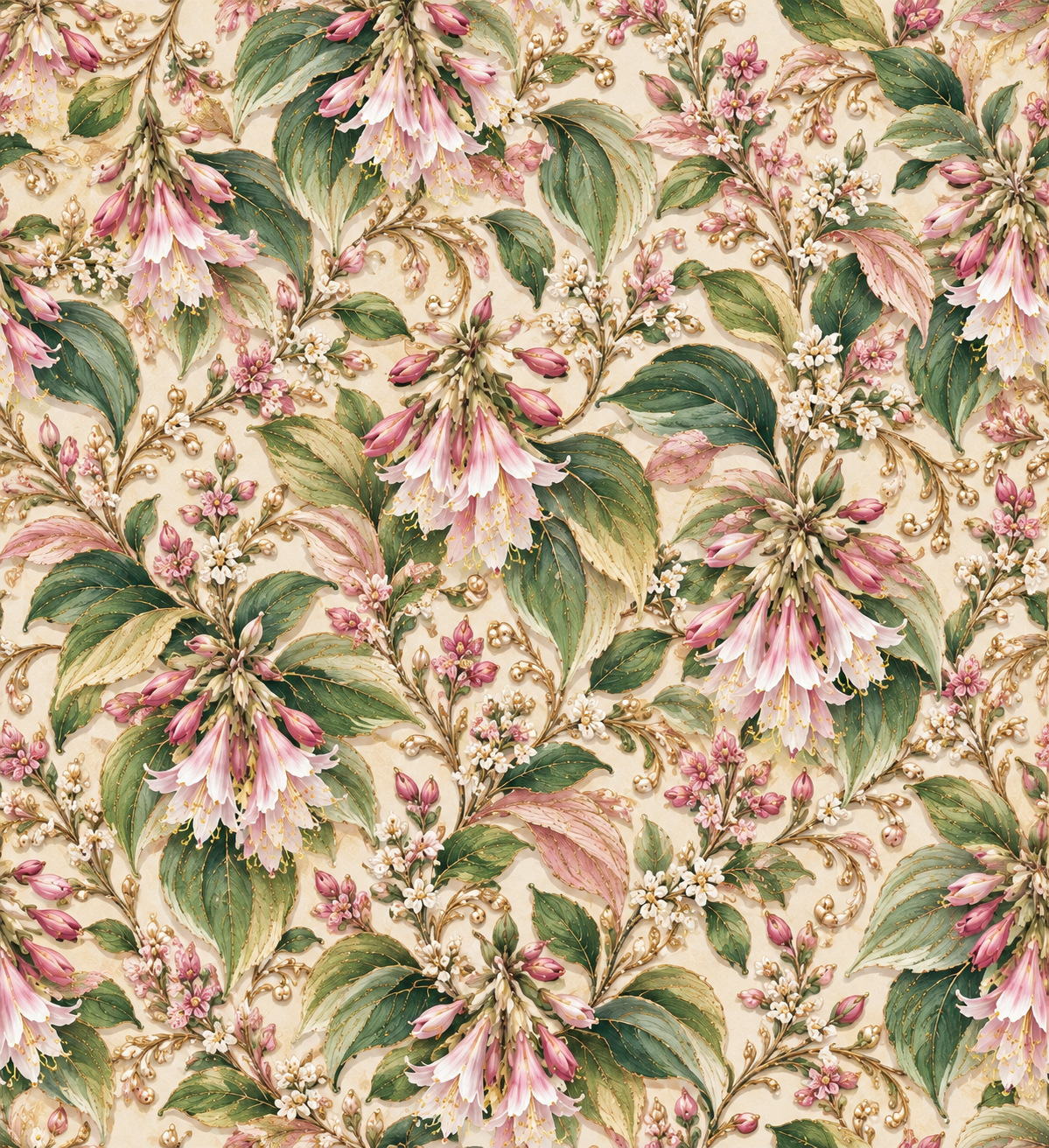 Blush Lily Reverie — soft pink lilies and delicate ivory blooms intertwine with green leaves on a warm cream ground.