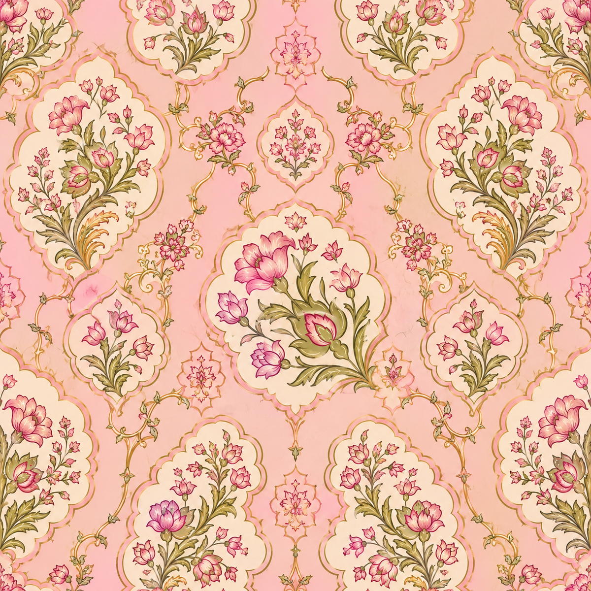 Blush Medallion Grace — ivory medallions edged with golden ornament frame petite pink bouquets against dusty rose.