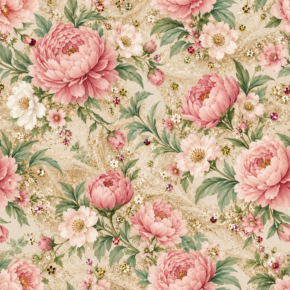 Blush Peony Heirloom — soft blush peonies, ivory blossoms and graceful green leaves spread across a warm cream ground with fine gold-toned accents.