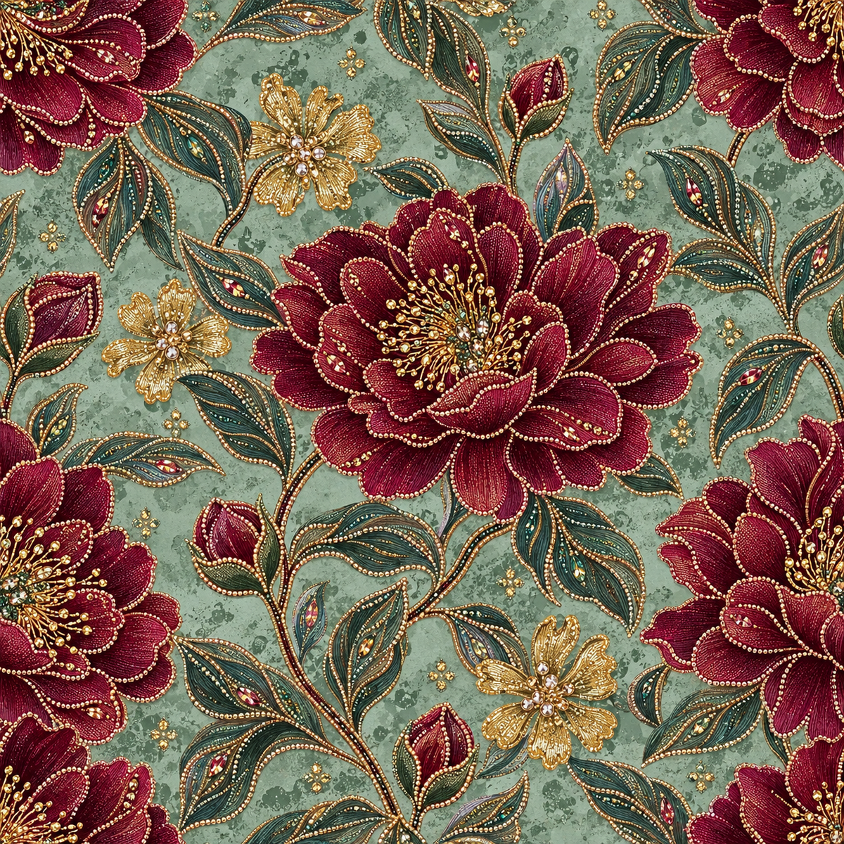 Burgundy Teal Elegance — deep burgundy flowers bloom among fine gold-toned branches and leaves on a softly textured teal background.
