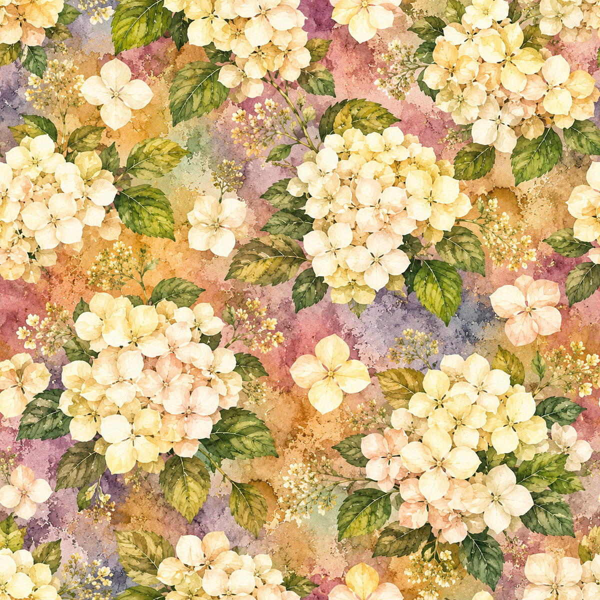 Champagne Hydrangea Opulence — champagne and ivory hydrangeas unfold against watercolor shades of dusty rose, warm ochre and muted lavender.