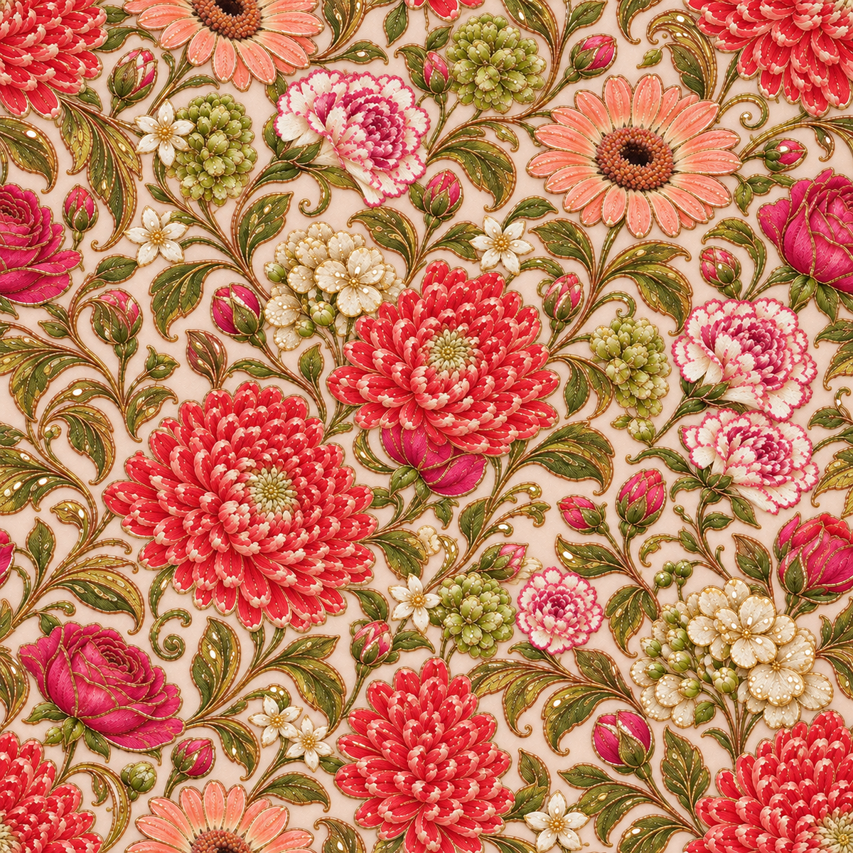 Coral Bouquet Tapestry — coral and pink flower heads mingle with ivory blooms and olive-green foliage on a warm cream ground.