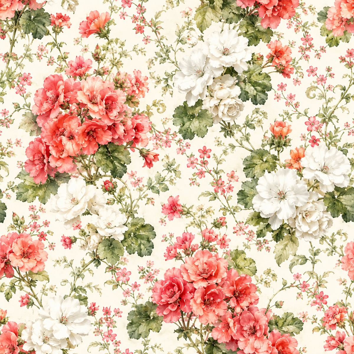 Coral Hydrangea Whisper — coral-pink and ivory hydrangea-style clusters bloom among green leaves on a creamy white ground.