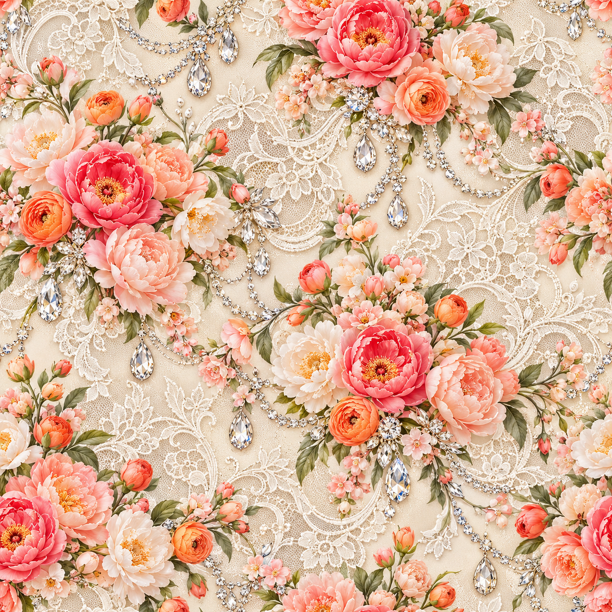 Coral Pearl Romance — coral, blush and ivory rose bouquets drift among pearl-inspired garlands and delicate silver-toned ornament on a pale cream ground.