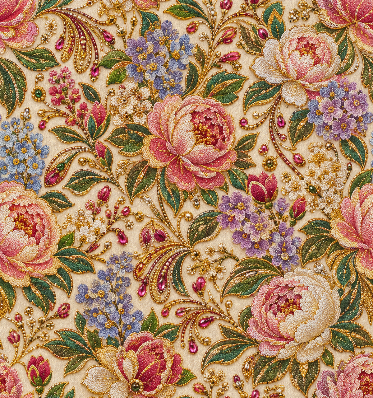 Coral Rose Brocade — coral and blush roses unfold among olive foliage and fine golden curls over warm ivory.