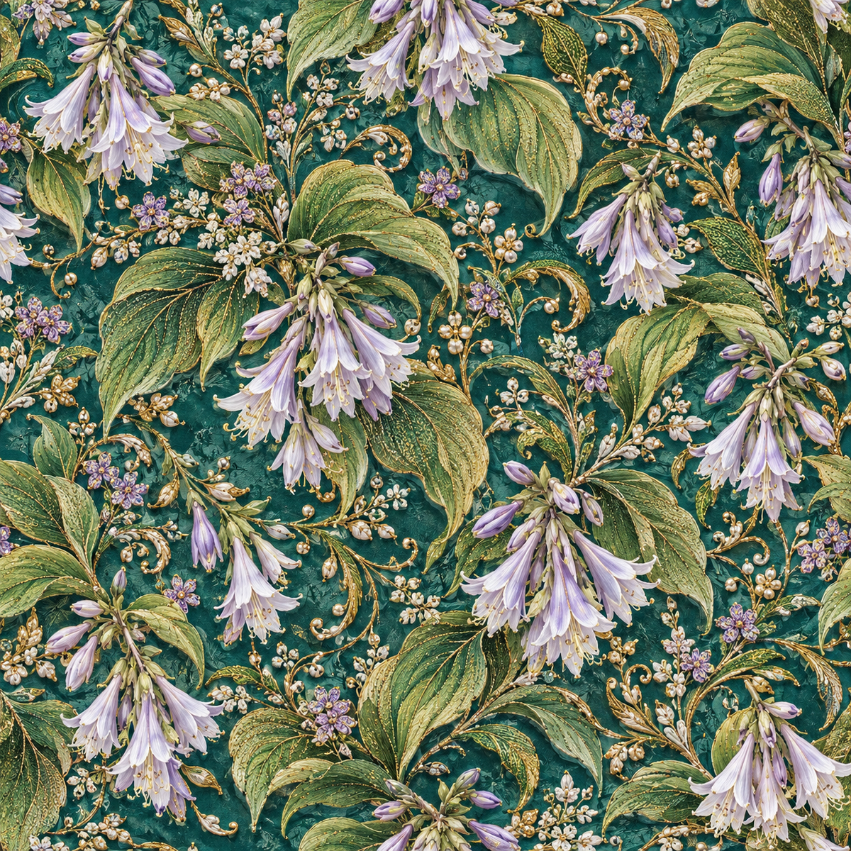 Emerald Lily Tapestry — ivory and lilac lilies mingle with lush green foliage and fine golden ornament on a deep green ground.