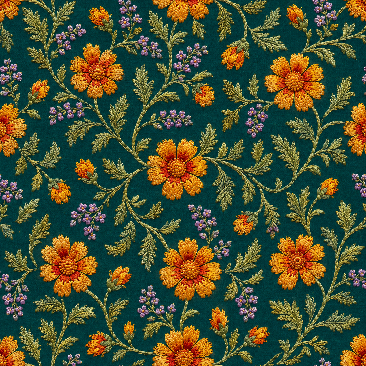 Emerald Marigold Arabesque — golden-orange flowers and curling olive-green stems trace an ornate rhythm across deep emerald.