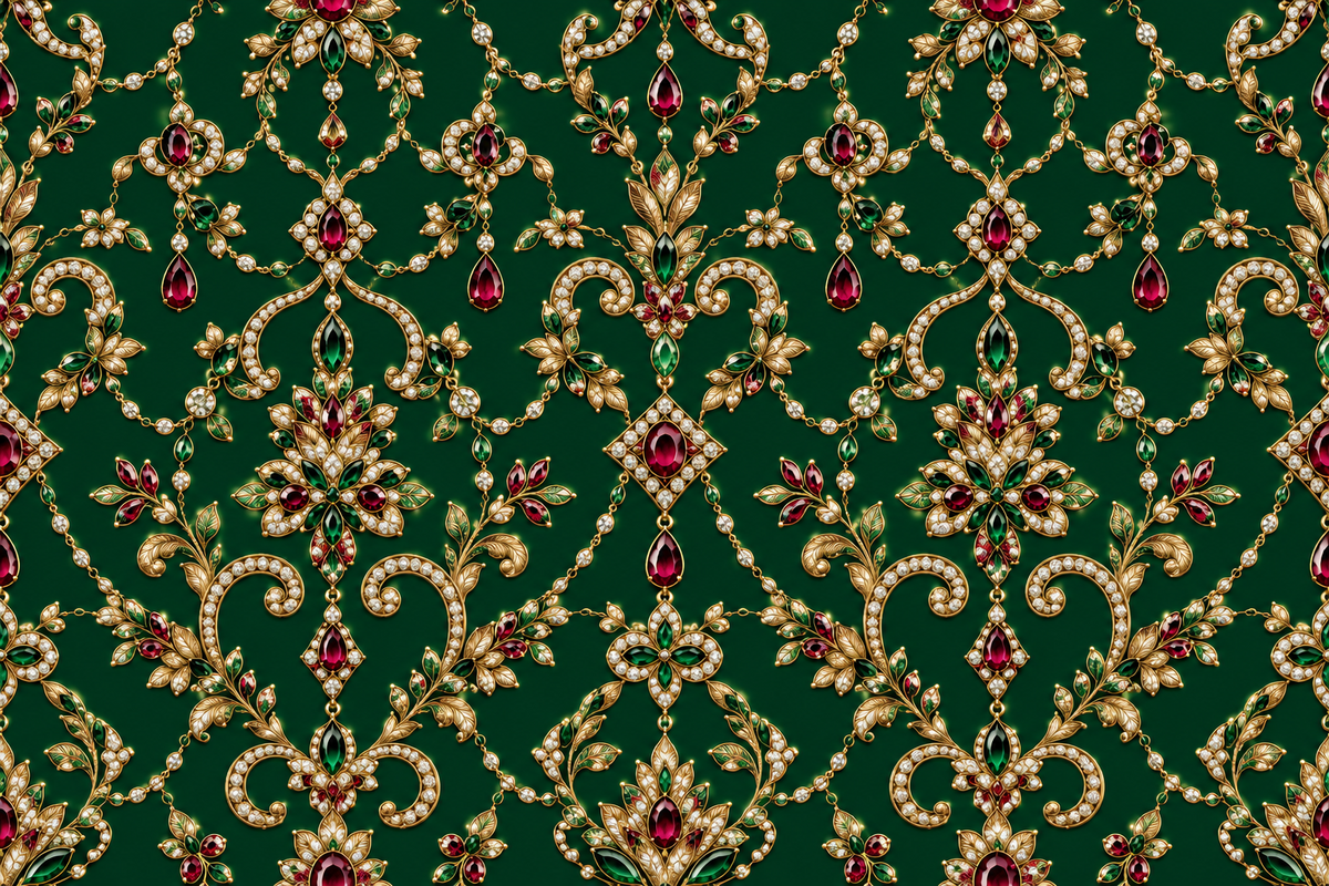 Emerald Rose Filigree — delicate pink rose accents and golden botanical ornament trace an elegant lattice across deep emerald.