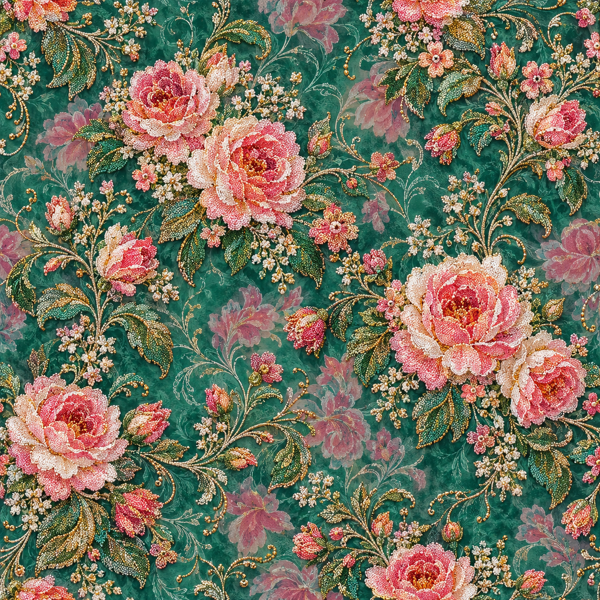 Emerald Rose Rhapsody — coral and blush roses bloom amid fine green foliage and golden detail on a rich emerald ground.
