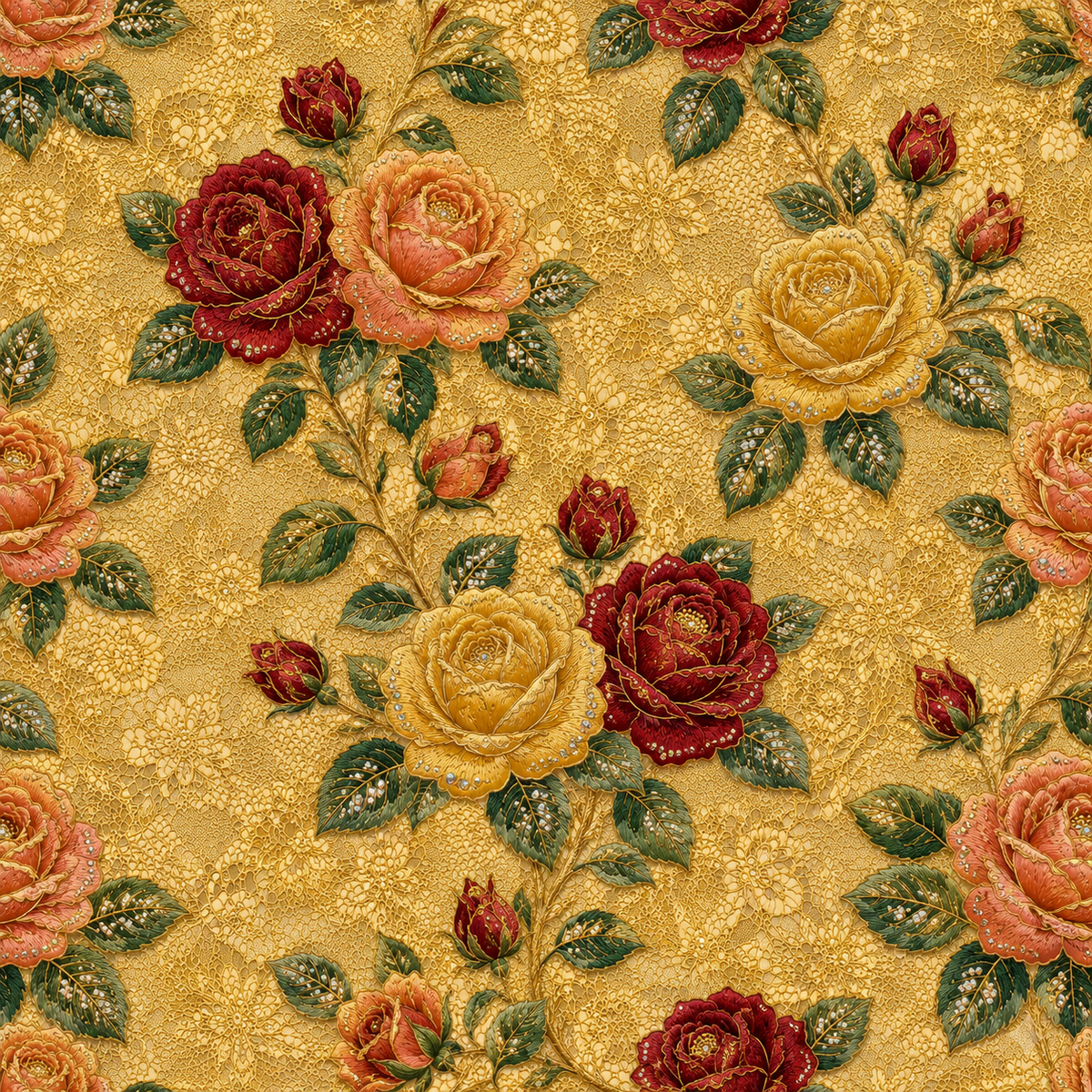 Golden Rose Heritage — crimson, peach and golden-yellow roses bloom among green leaves across a richly patterned golden ground.