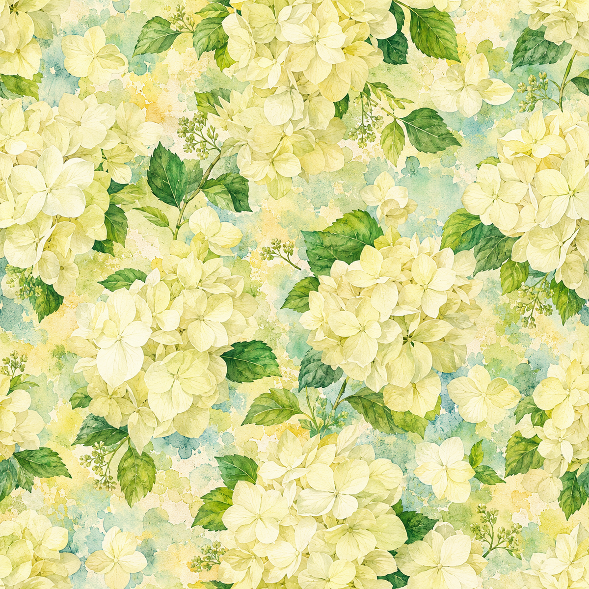 Ivory Hydrangea Serenity — creamy ivory hydrangeas bloom among fresh green leaves over gentle washes of pale blue, mint and butter yellow.