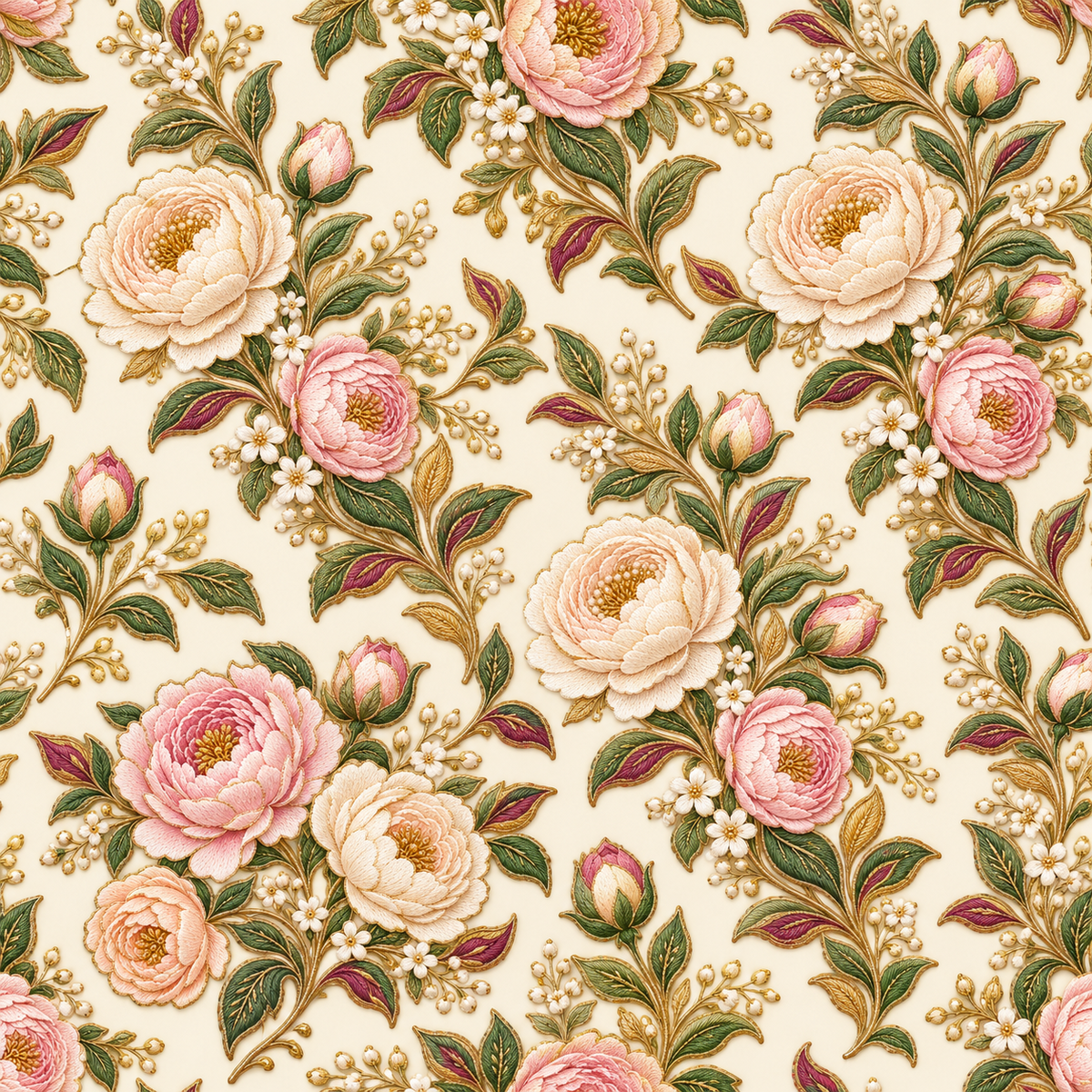 Ivory Rose Tapestry — ivory and blush roses unfurl among olive-green leaves and softly shaded buds on a warm cream background.