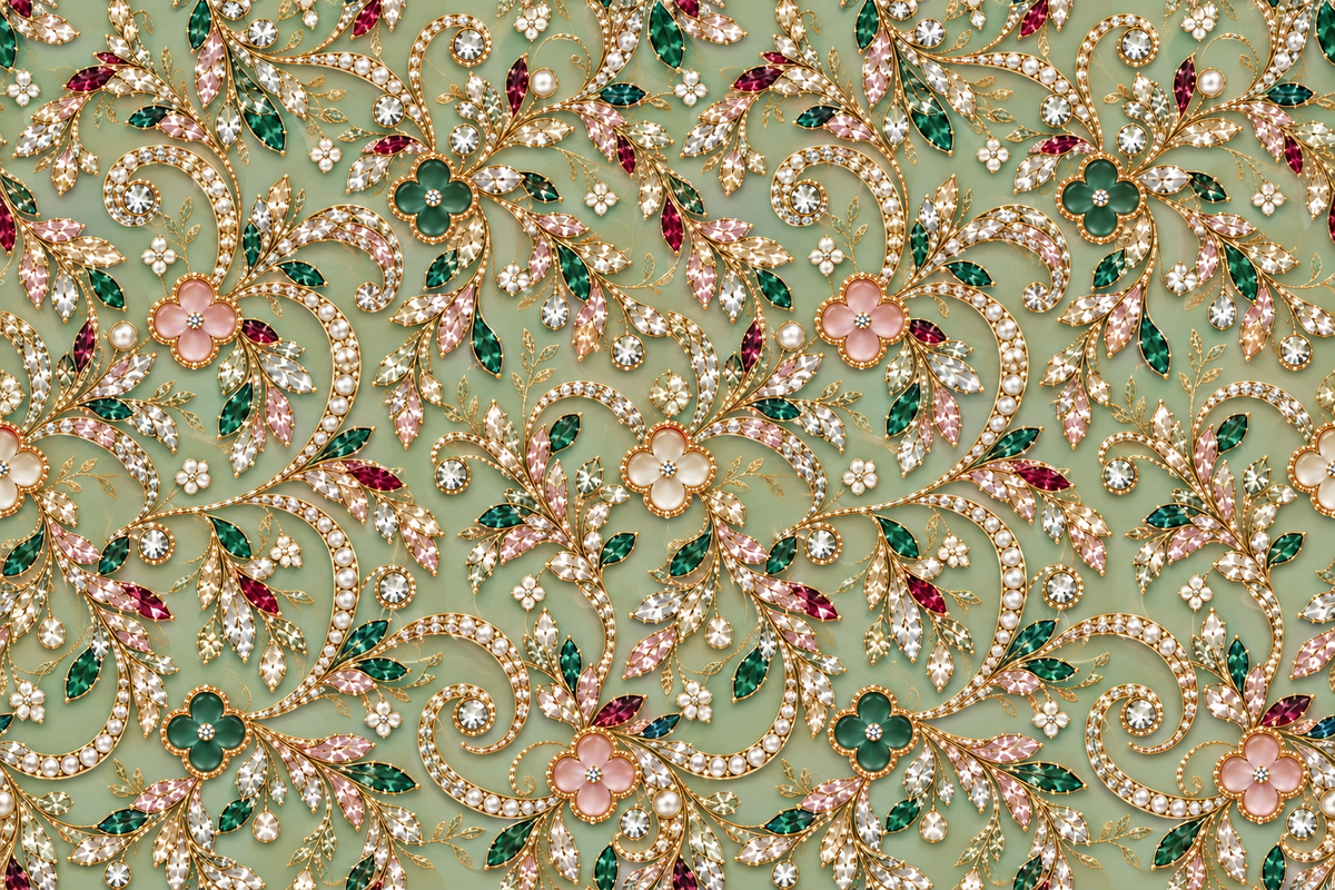Jade Jewel Arabesque — golden curls and ruby, ivory and emerald jewel-inspired accents weave across a softly shaded jade ground.