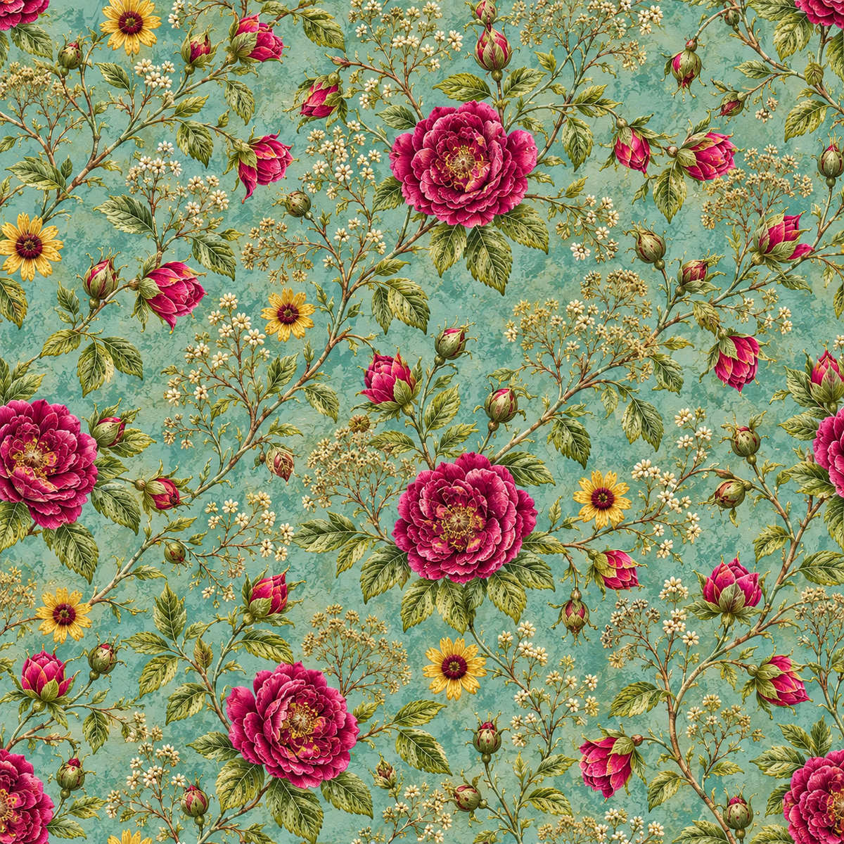 Jade Ruby Bouquet — ruby-pink floral medallions and tiny golden blossoms scatter across an intricately decorated jade-green ground.
