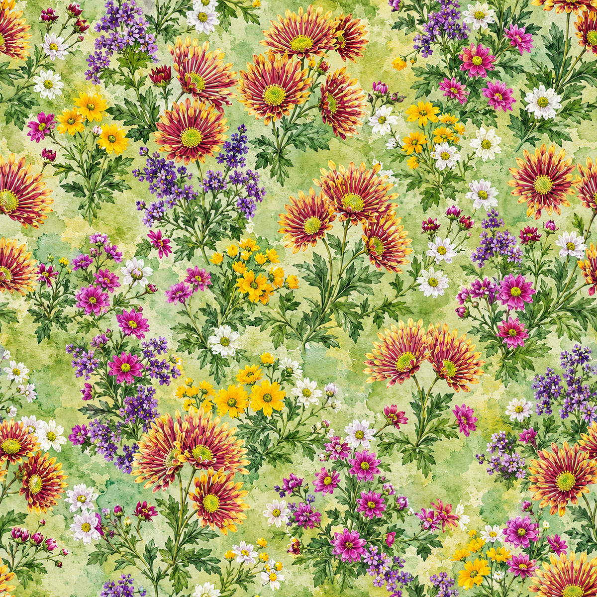 Jewel Meadow Rhapsody — magenta and golden-yellow flowers mingle with violet sprays and tiny white daisies on a fresh green background.
