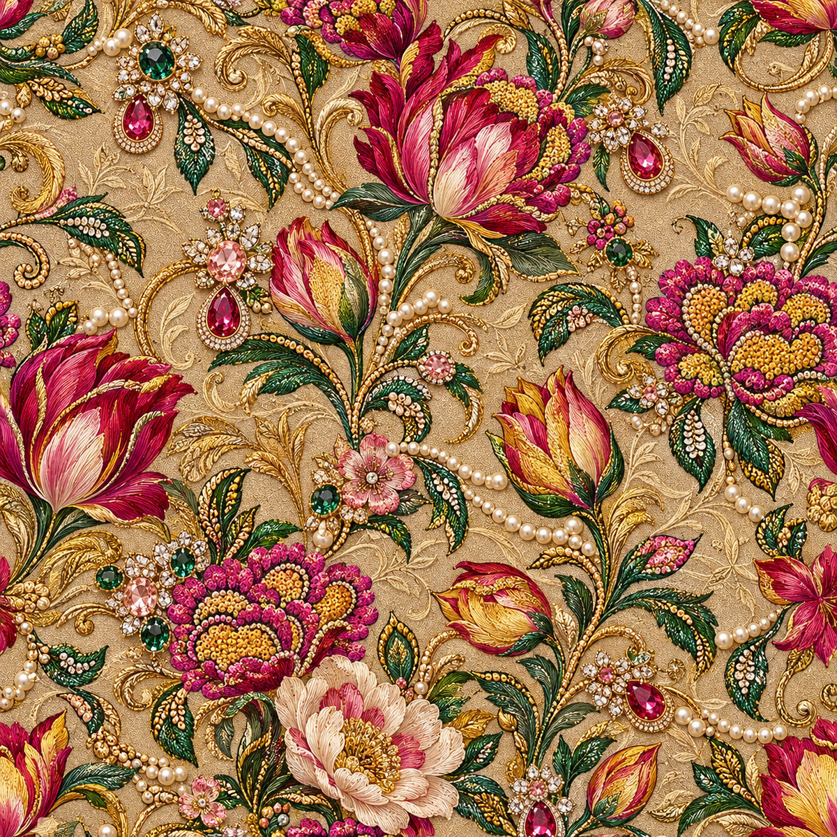 Jewelled Tulip Heritage — ruby-pink tulips and ornamental flowers wind through green leaves and gold-toned scrollwork on an antique-gold background.
