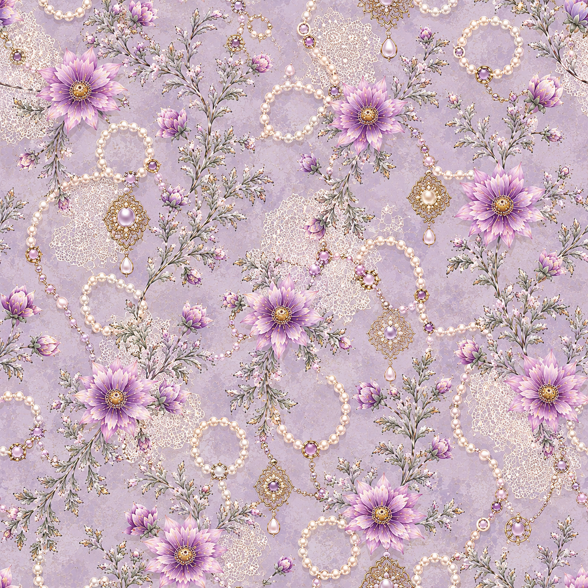 Lavender Pearl Reverie — lavender flowers and delicate botanical branches intertwine with printed pearl loops and jewel-inspired ornaments on a soft lilac ground.