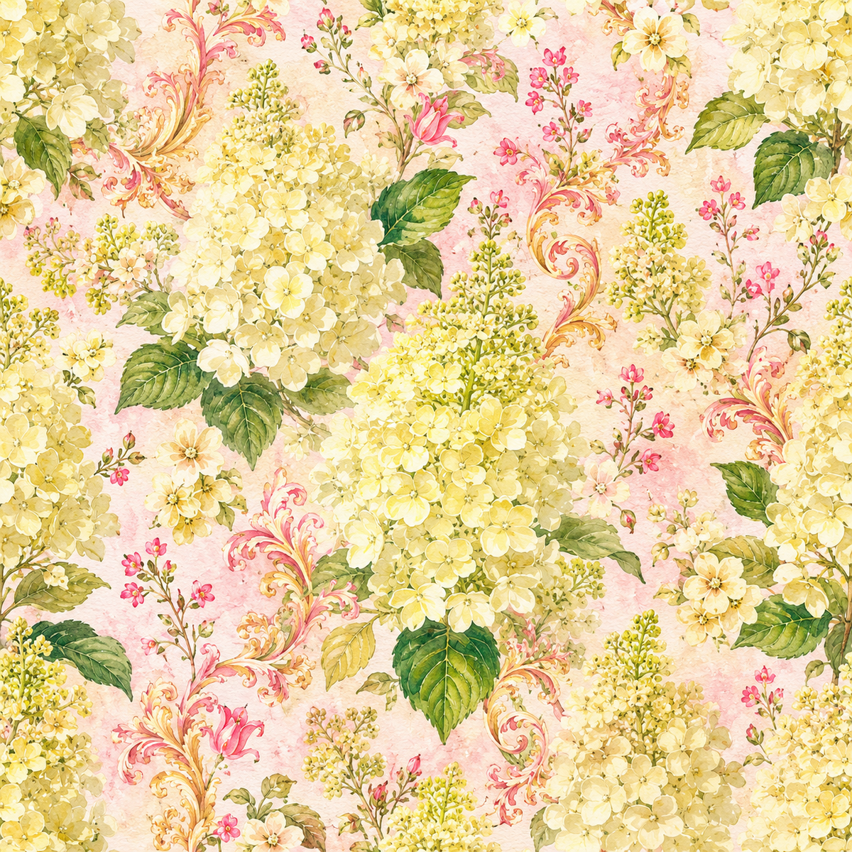 Lemon Hydrangea Reverie — butter-yellow and ivory floral clusters mingle with green foliage and delicate pink botanical scrolls.