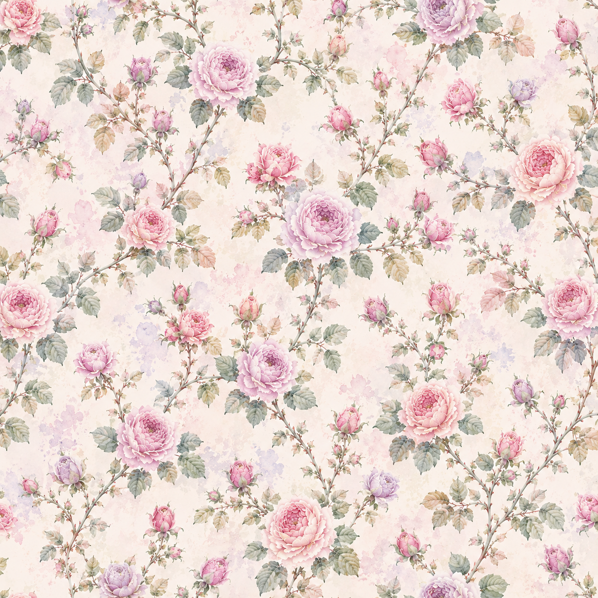 Lilac Rose Reverie — lilac, blush and soft pink roses mingle with delicate buds and muted grey-green foliage on a pale ivory-pink background.