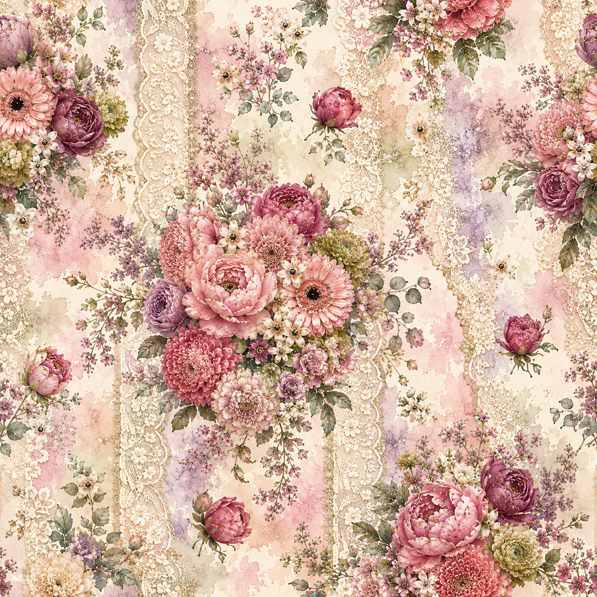 Mauve Heirloom Elegance — dusty mauve, blush and muted plum bouquets sit among delicate ornamental details on a warm ivory ground.