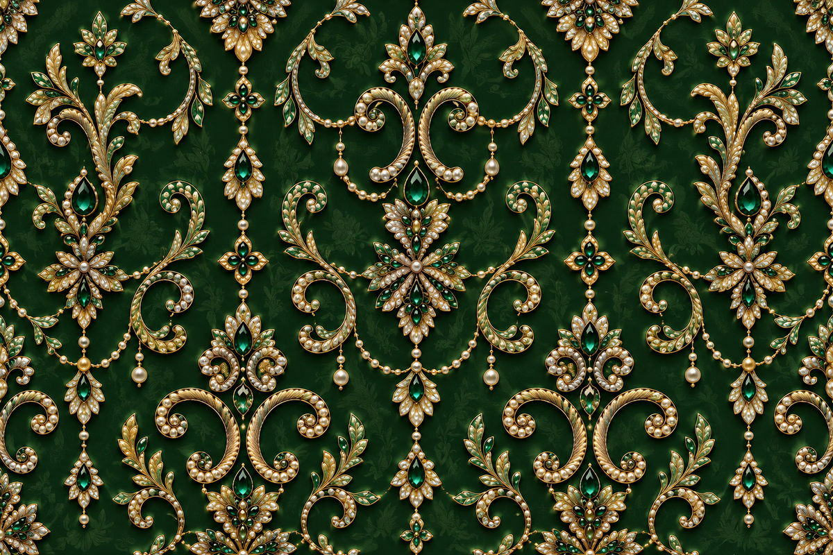 Midnight Gilded Lattice — ornate golden botanical medallions form a graceful lattice on a deep green-black ground.