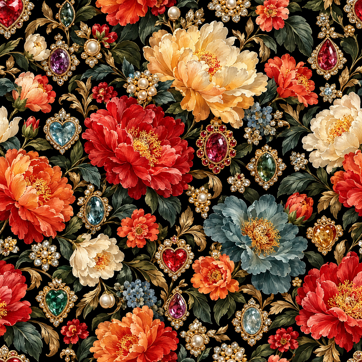 Midnight Jewel Bouquet — red, amber, ivory and muted blue flowers bloom among jewel-inspired drops and delicate botanical details on a black ground.