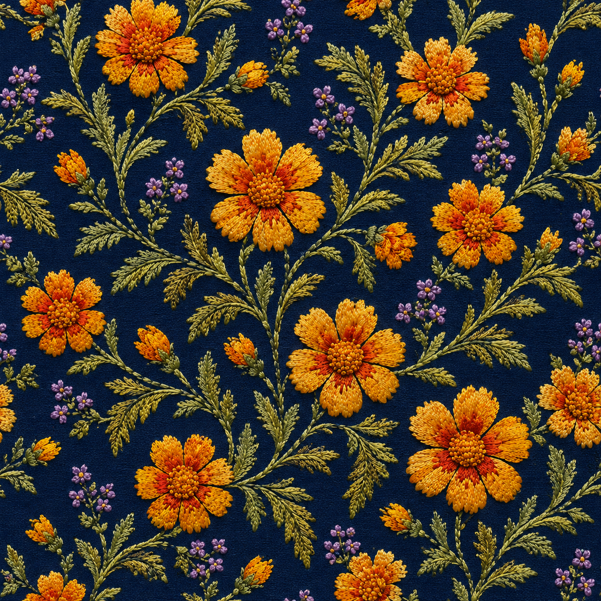 Midnight Marigold Arabesque — golden-orange flowers and elegant leafy scrolls unfold against a midnight navy ground.